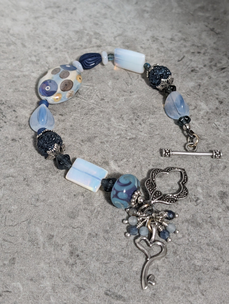 Blue Ceramic and Glass Beads with Sterling Heart Bracelet