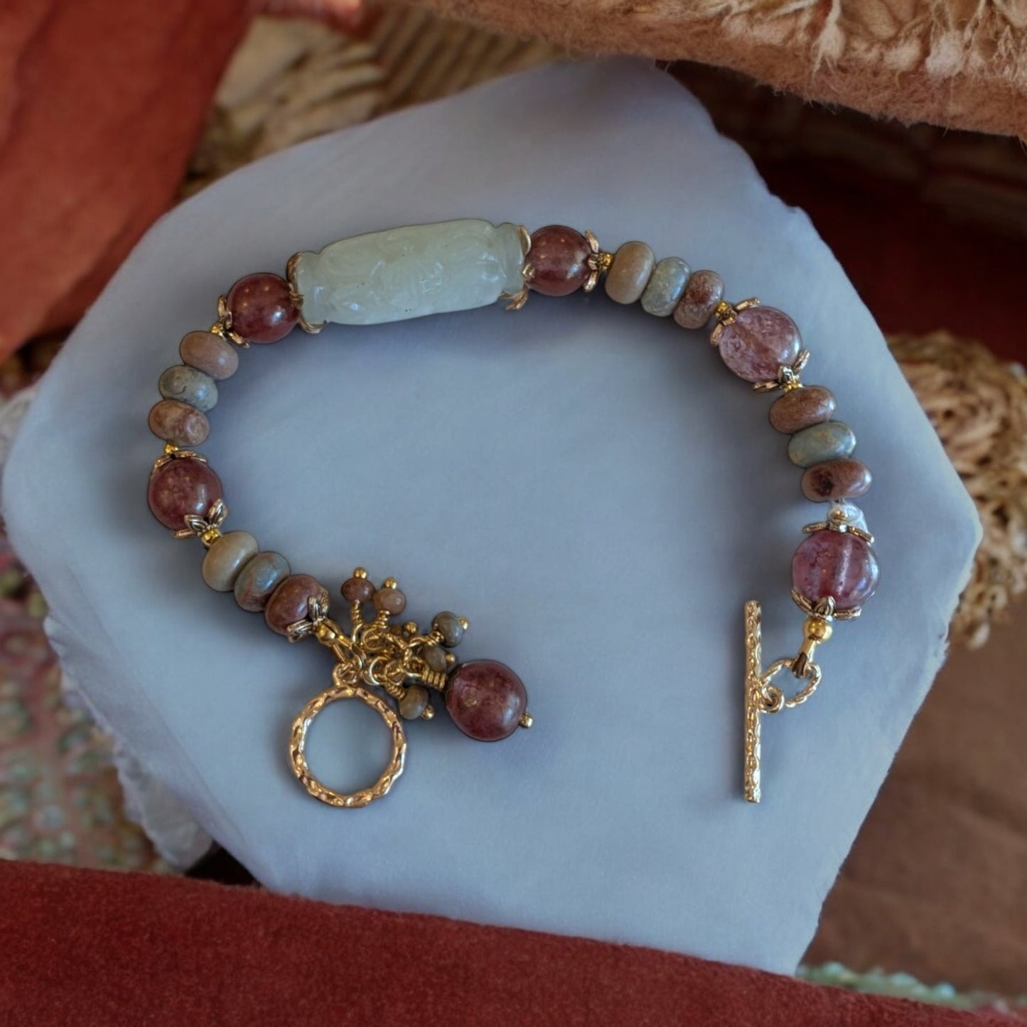 Carved Aragonite, Snake Skin Jasper, Carnelian, Brass