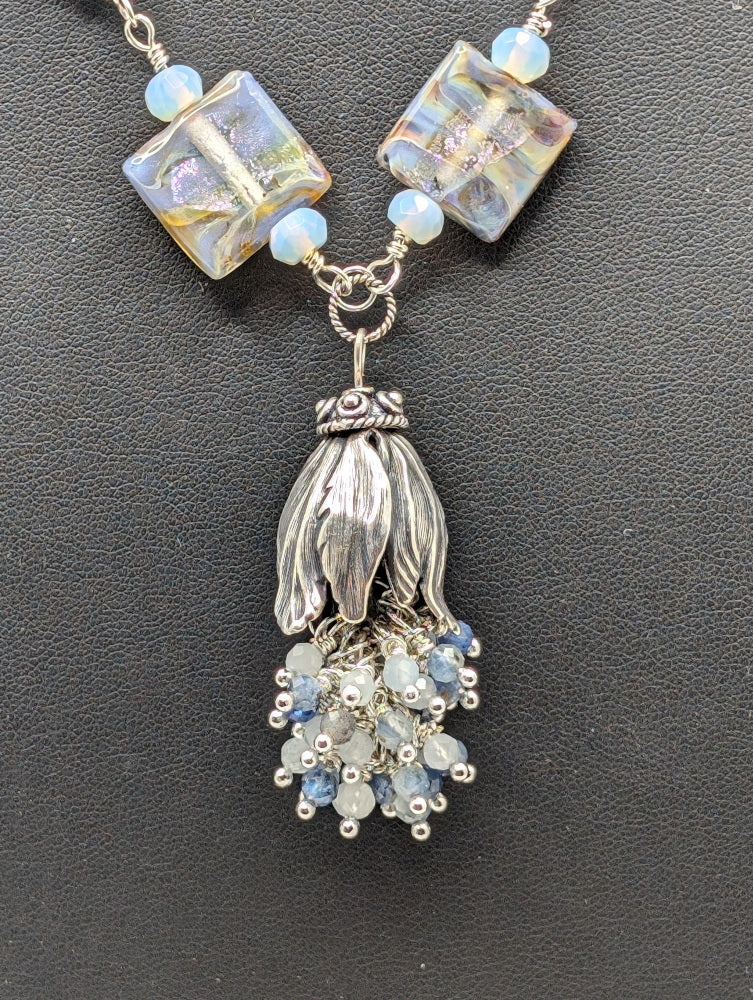 Ceramic and Glass Blue Beads with Cascading Tulip Necklace