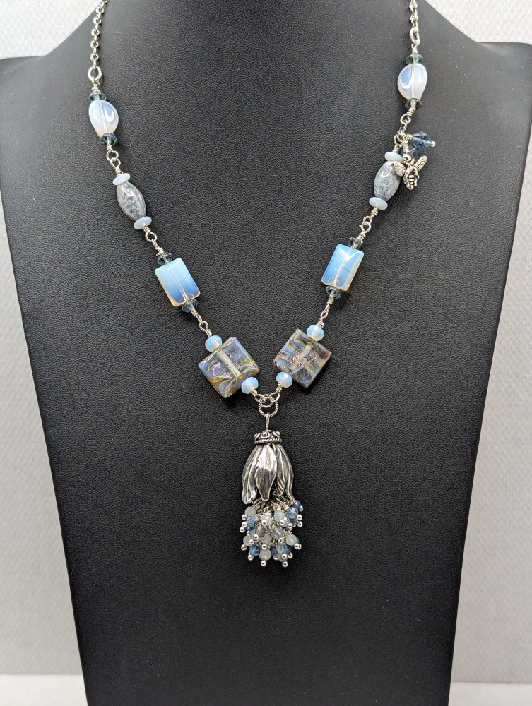 Ceramic and Glass Blue Beads with Cascading Tulip Necklace