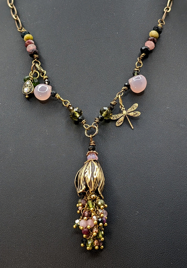 Watermelon Tourmaline, Rose Quartz & Brass Necklace