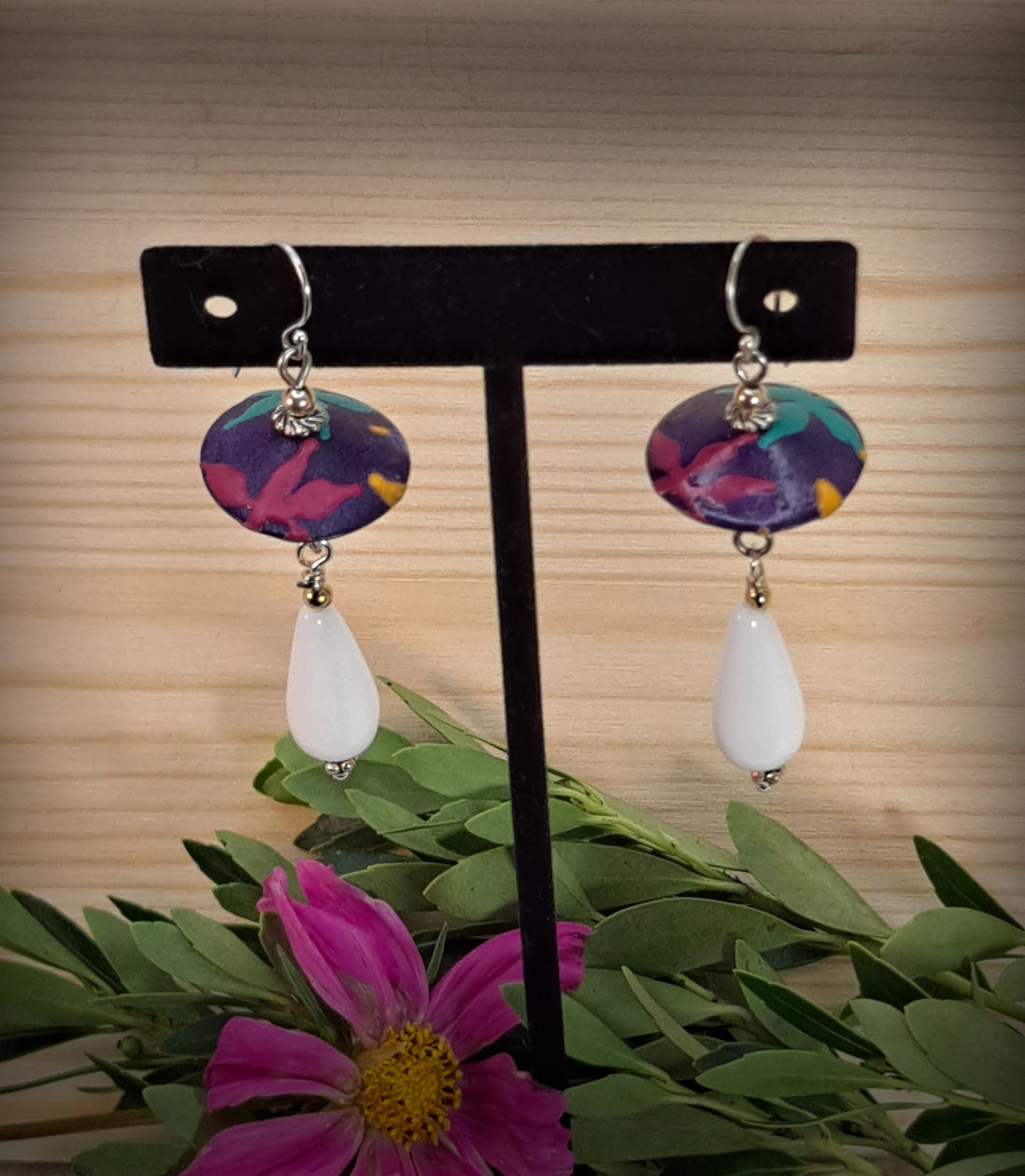 Earrings-Wood bead painted Purple-Pink-Teal - with white glass Teardrop