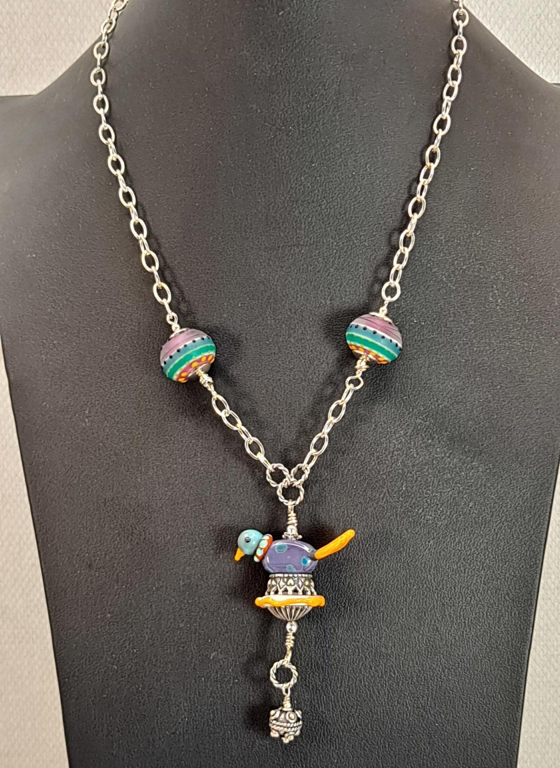 Handmade ceramic multi-color Bird with Glass beads Necklace