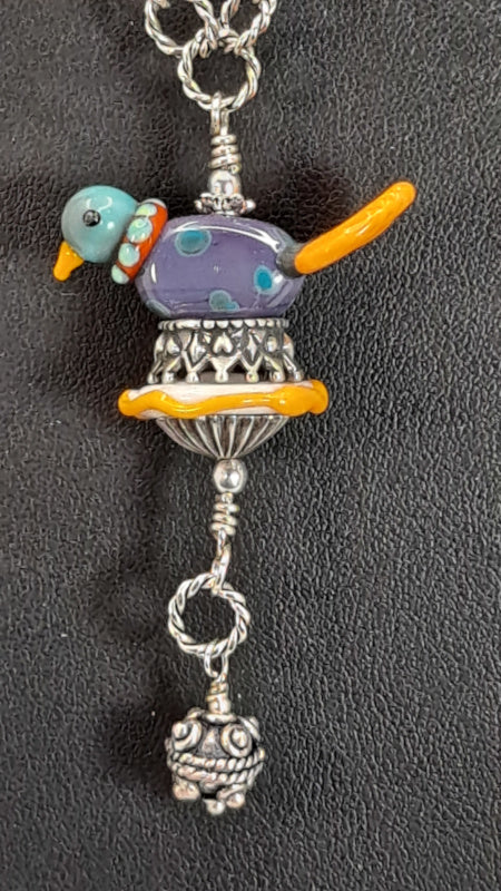 Handmade ceramic multi-color Bird with Glass beads Necklace