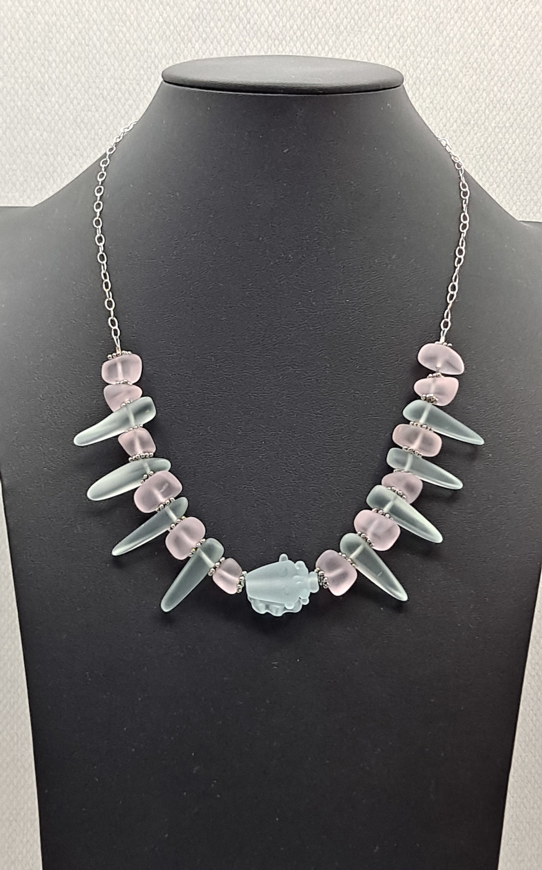 Frosted pale green glass conch shell Necklace with frosted pale pink and green beads