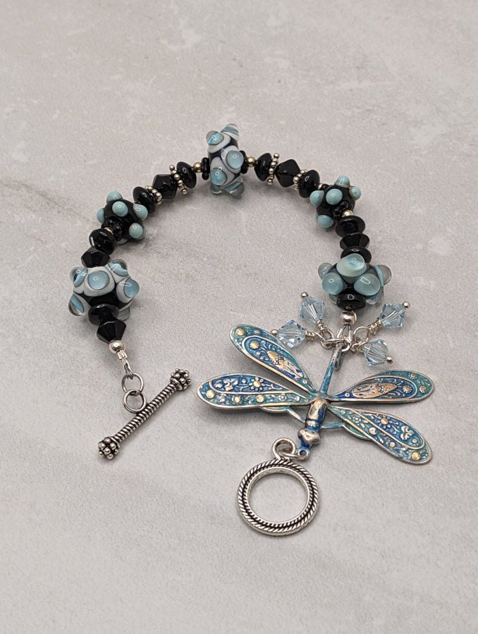 Lamp Work Glass Beads with Hand Painted Silver Dragonfly bracelet