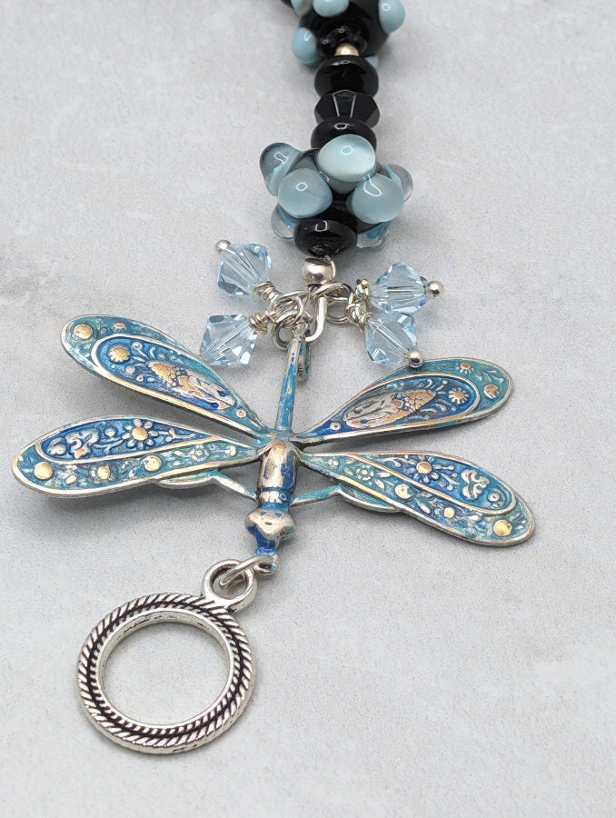 Lamp Work Glass Beads with Hand Painted Silver Dragonfly bracelet