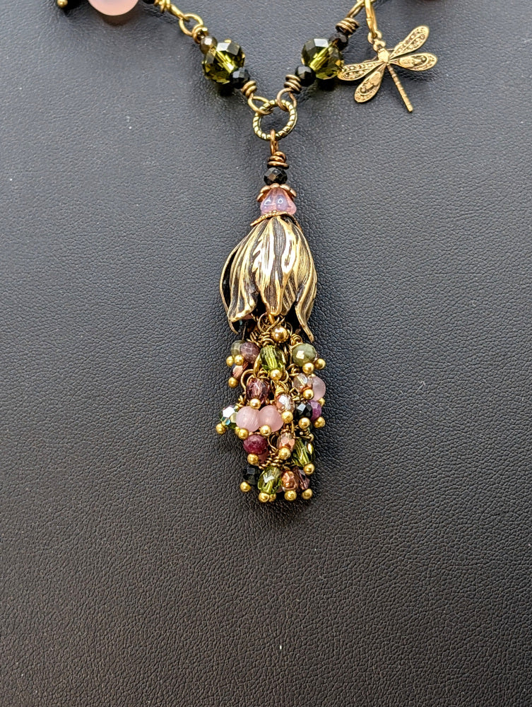 Watermelon Tourmaline, Rose Quartz & Brass Necklace