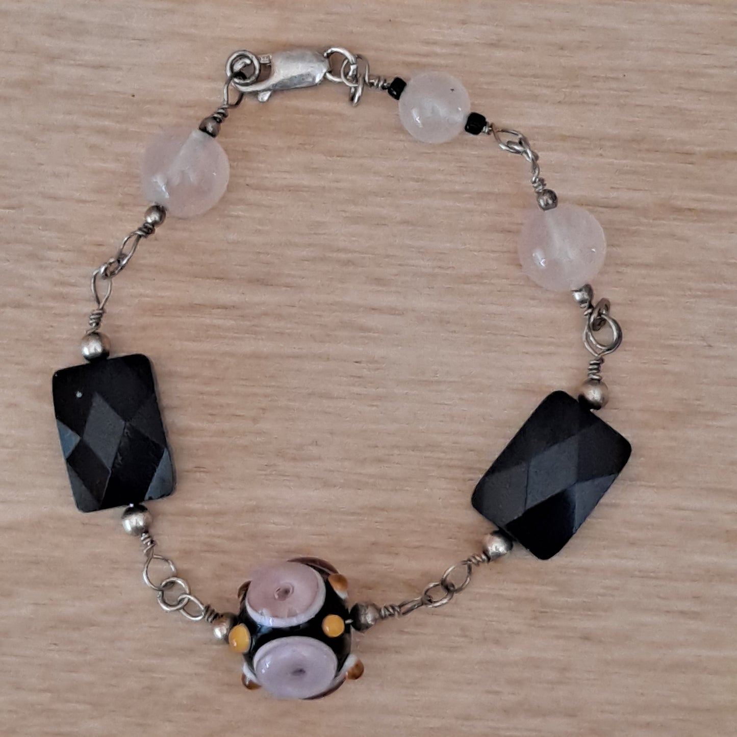 Sterling Silver Bracelet, Rose Quartz and Lamp Work glass focal bead