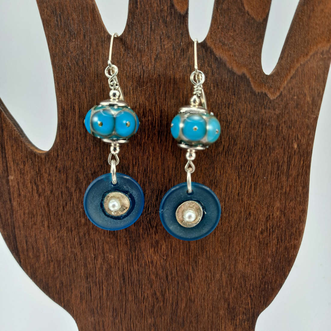 Lampwork glass beads, frosted glass, pearls, sterling silver