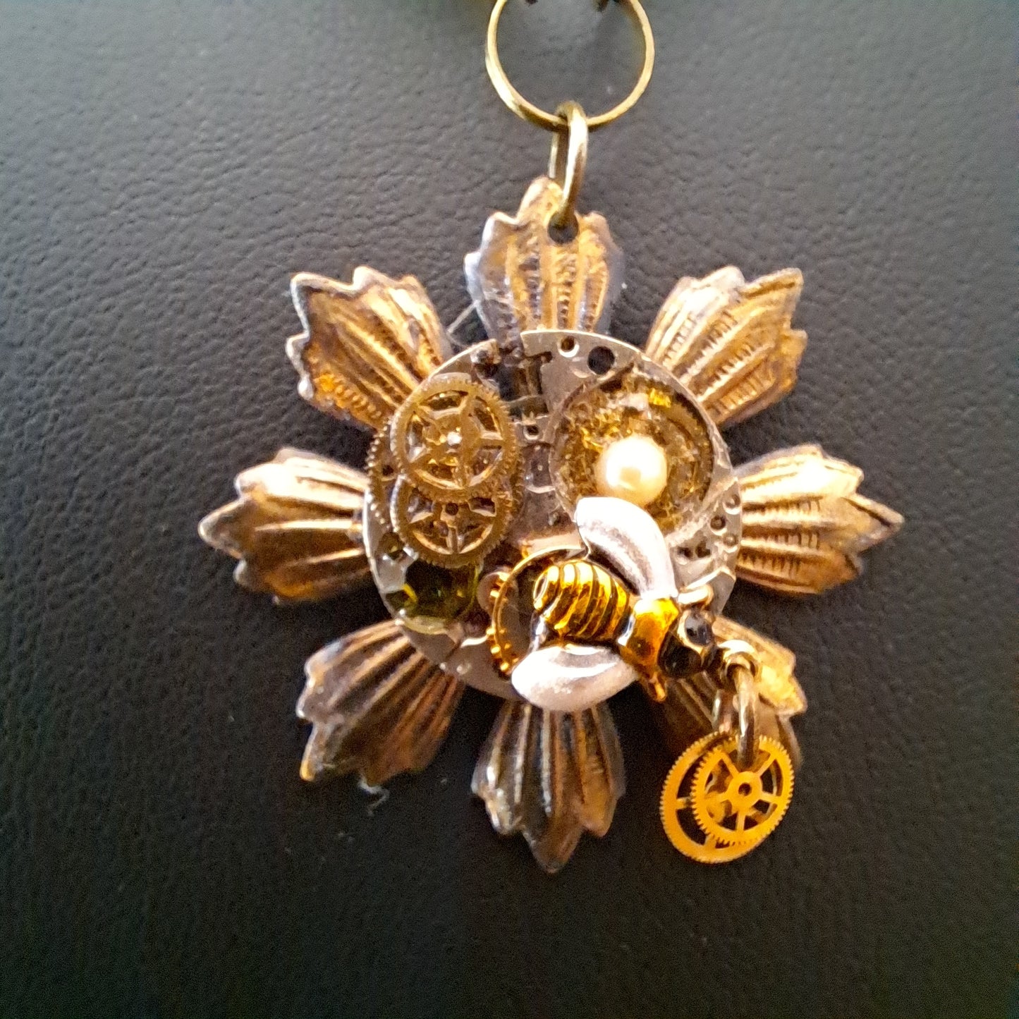 Vintage watch parts, pearl, peridot cabochon, Swarovski crystals & painted bee
