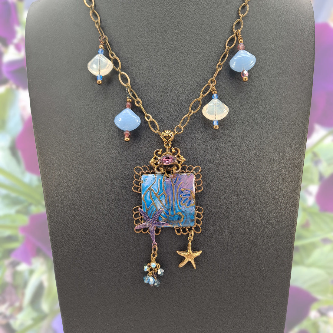 Painted embossed brass, scallop glass beads & crystals