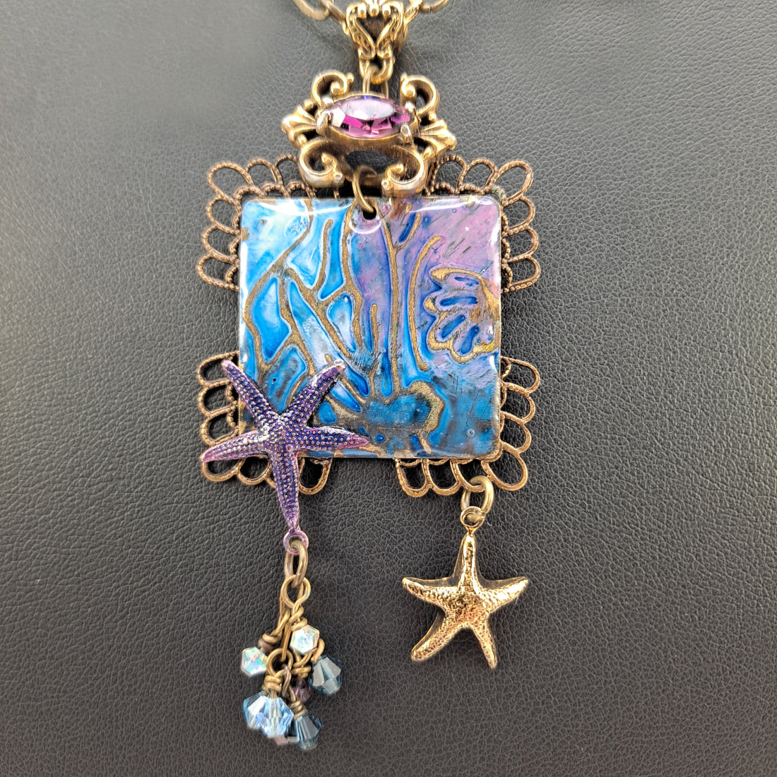 Painted embossed brass, scallop glass beads & crystals