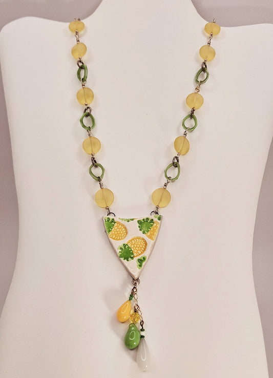 Yellow & Green ceramic and glass Pineapple Necklace with silver
