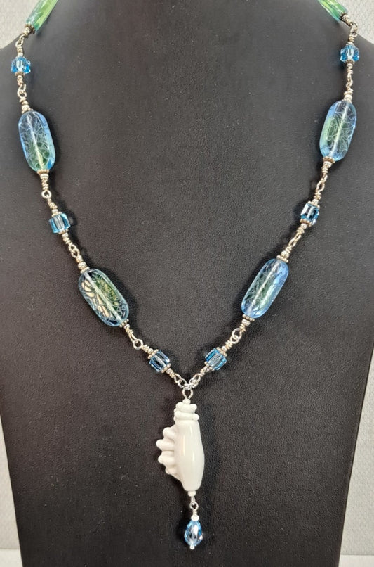 White ceramic Conch Shell necklace wire wrapped with Blue-Green Glass beads