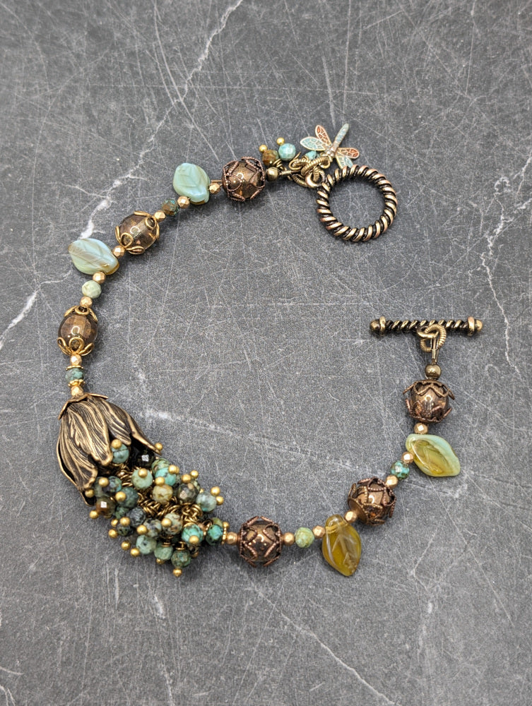 Indian Agate, African Turquoise & glass brass Bracelet-A1-012224