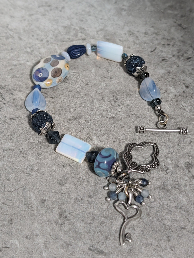 Blue Ceramic and Glass Beads with Sterling Heart Bracelet-C1