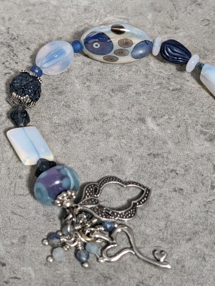 Blue Ceramic and Glass Beads with Sterling Heart Bracelet-C1