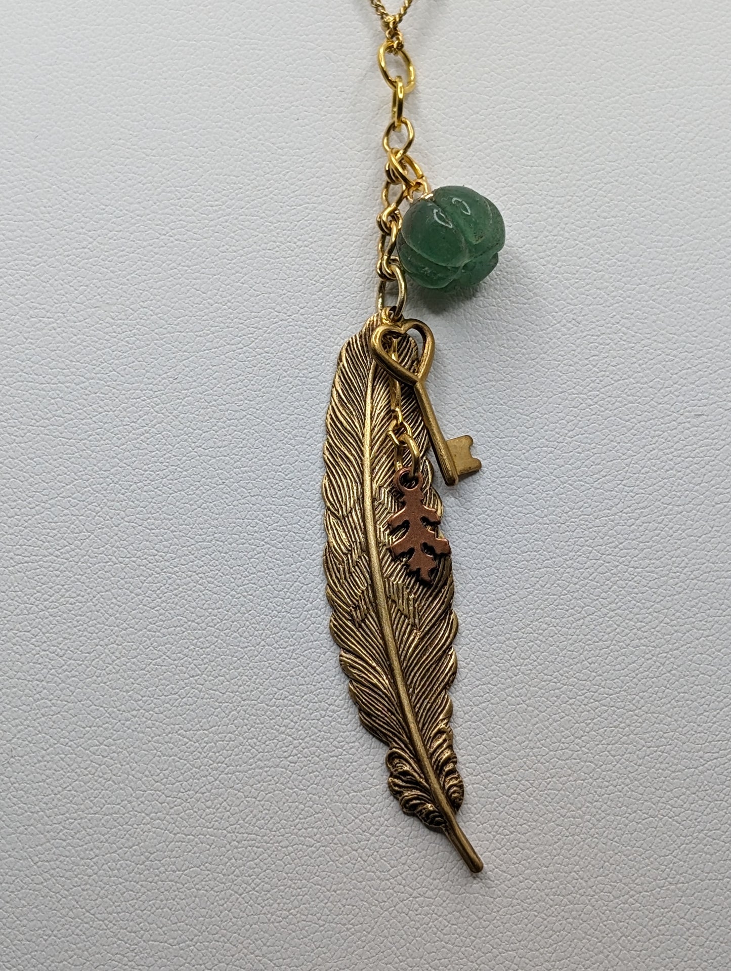 Brass Leaf Necklace with Quartz Pumpkin & Charms