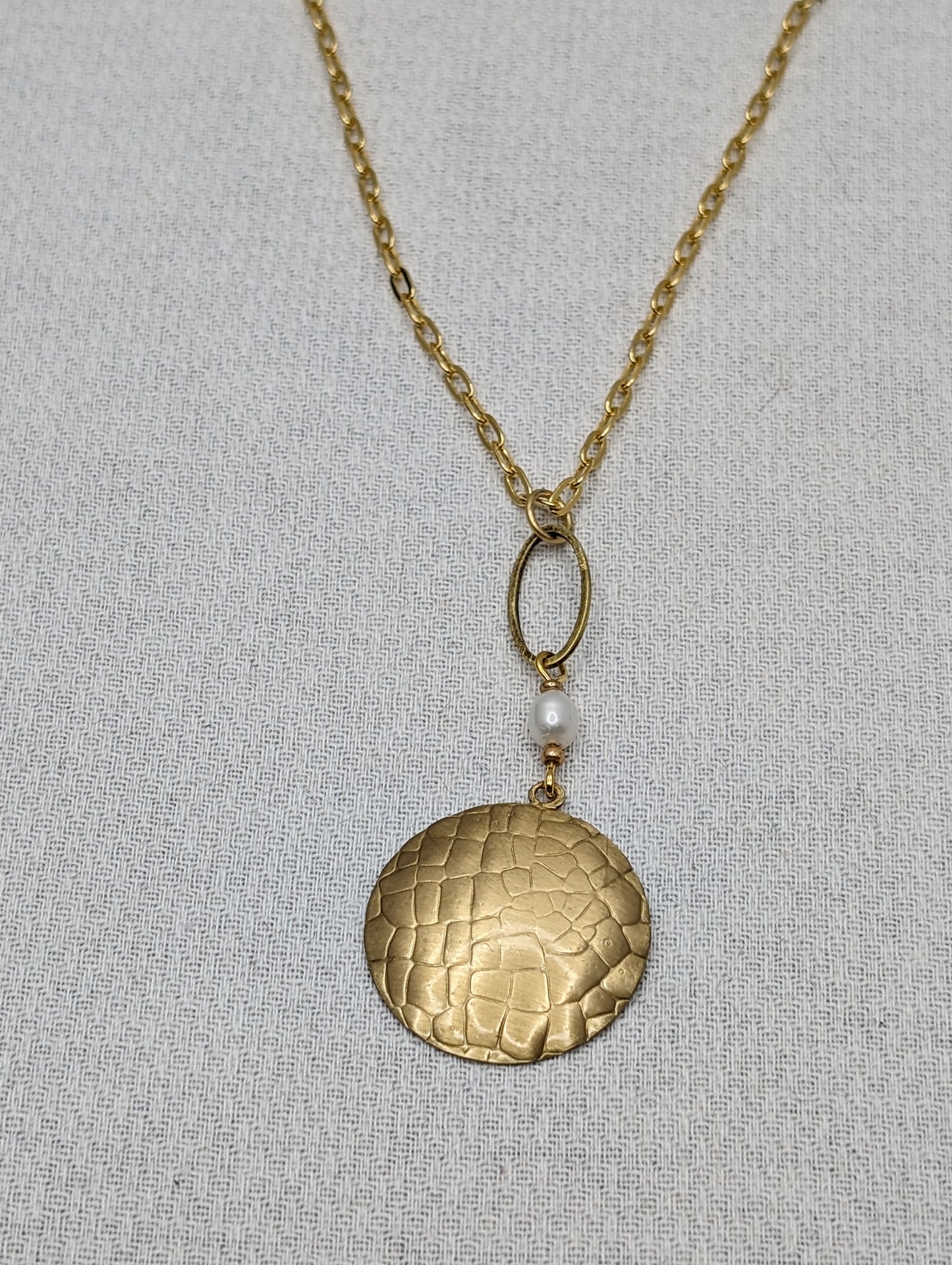 Gilded Brass Embossed Necklace Accented with a Pearl