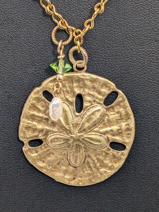 Brass Sand Dollar with Pearl & Peridot Crystal Accents