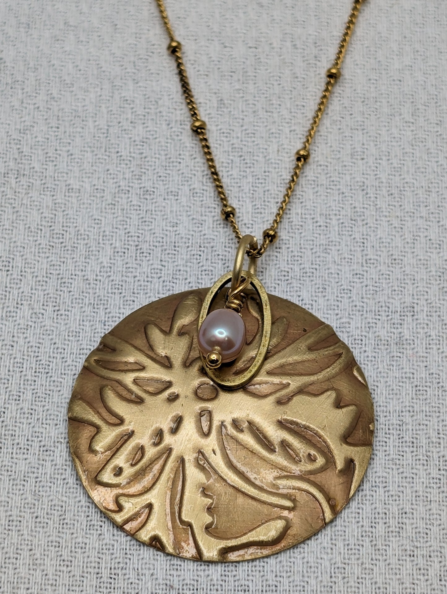 Hand Polished & Embossed Round Brass Necklace with Pearl