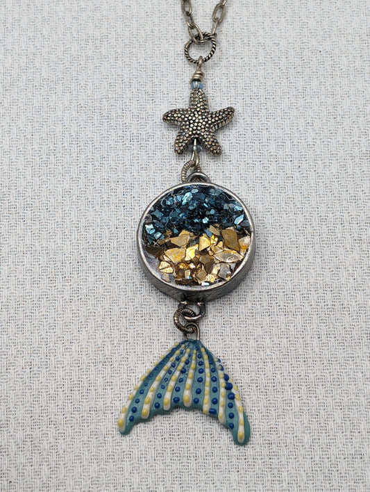 Necklace with Ceramic Mermaid Tail, Silver Starfish & Druzy like Blue-Gold Glass bezel.