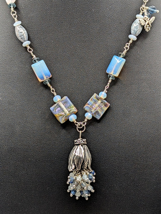 Ceramic and Glass Blue Beads with Cascading Tulip Necklace