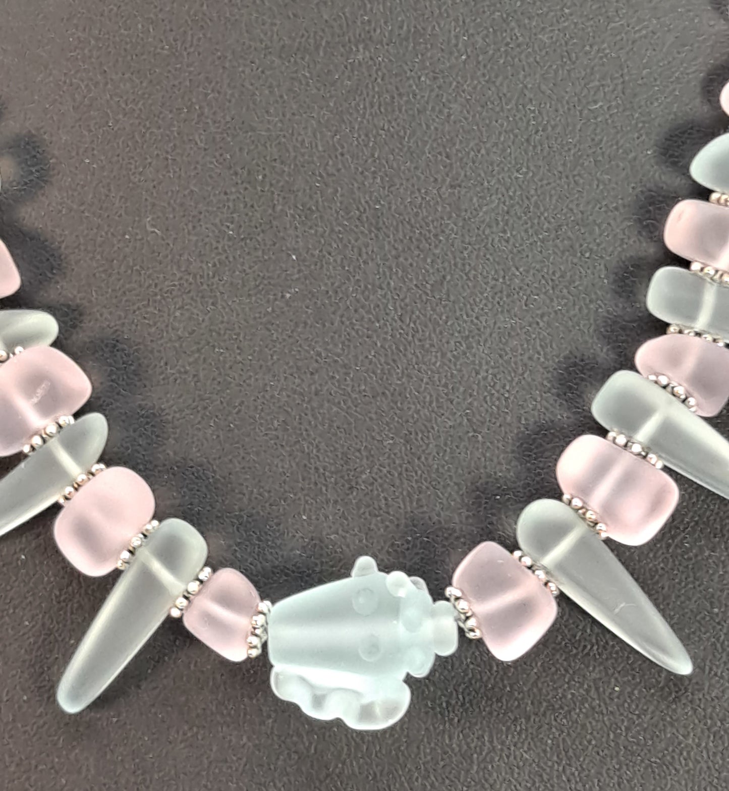 Frosted pale green glass conch shell Necklace with frosted pale pink and green beads