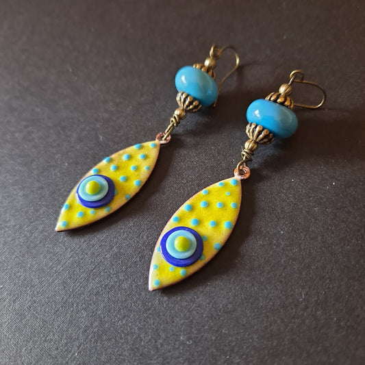 Handmade Enamel and Ceramic Beads in blues and yellow brass accents