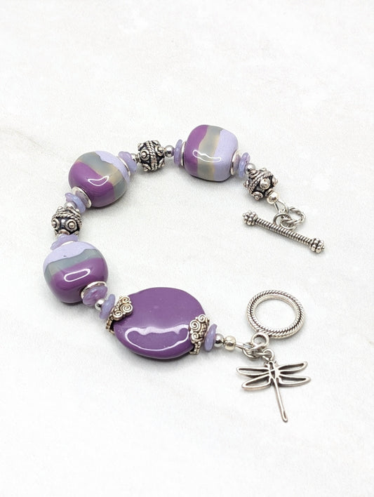 Purple, Lavender and Grey Ceramic Beaded Silver Bracelet 0116