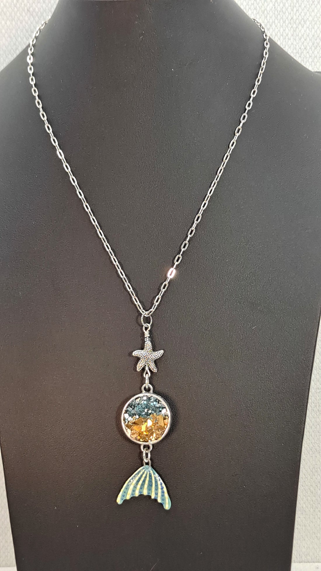 Necklace with Ceramic Mermaid Tail, Silver Starfish & Druzy like Blue-Gold Glass bezel.