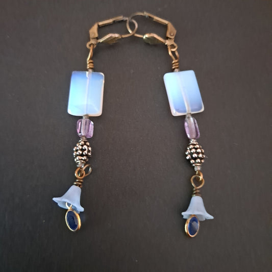 Brass Earrings with iridescent glass beads in blue and purple hues