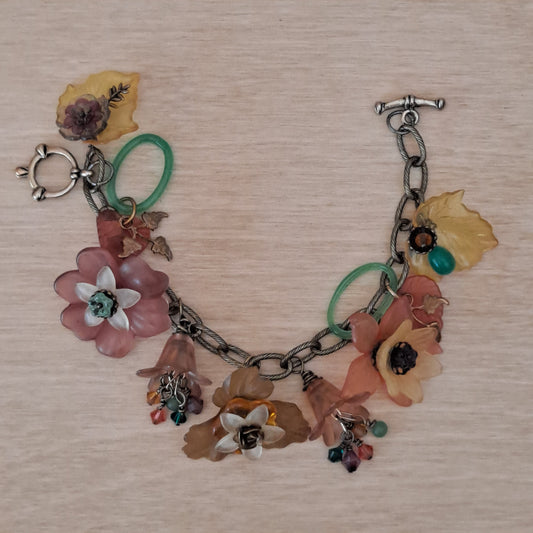 Brass Bracelet with Lucite, crystal beads, resin charms