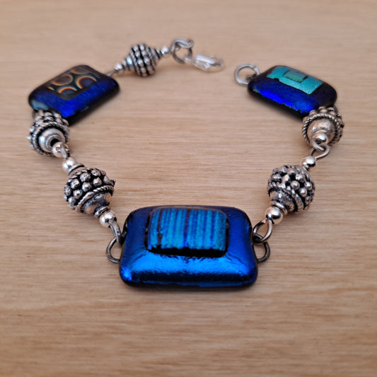 One-of-a-kind 3 unique Dichroic glass bead bracelet, sterling silver