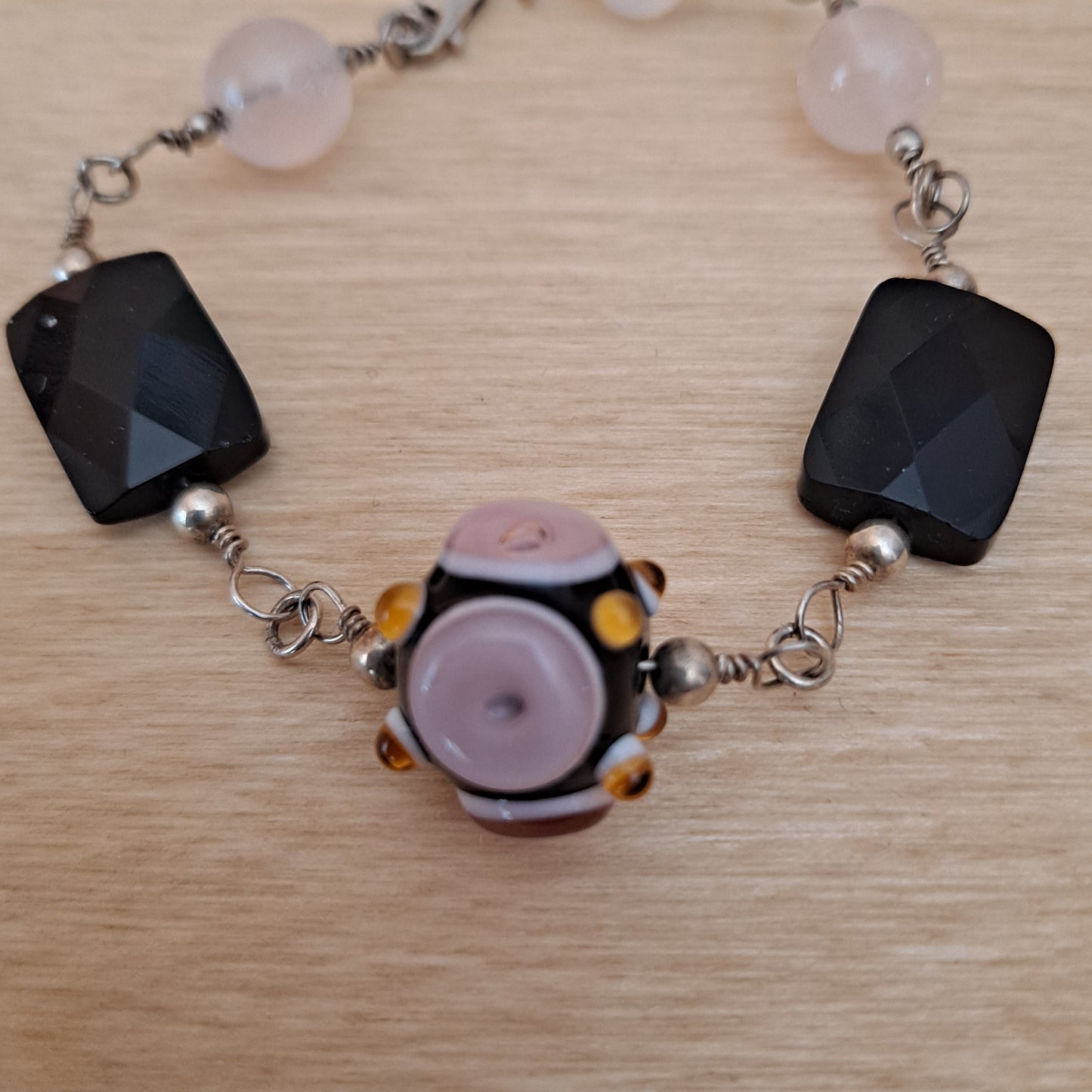 Sterling Silver Bracelet, Rose Quartz and Lamp Work glass focal bead