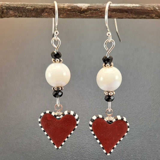 Burgundy clay hearts & mother of pearl earrings