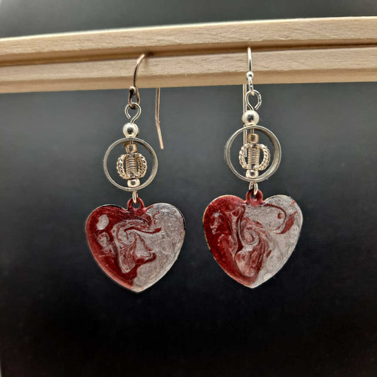 Dusty rose and sterling silver painted heart earrings