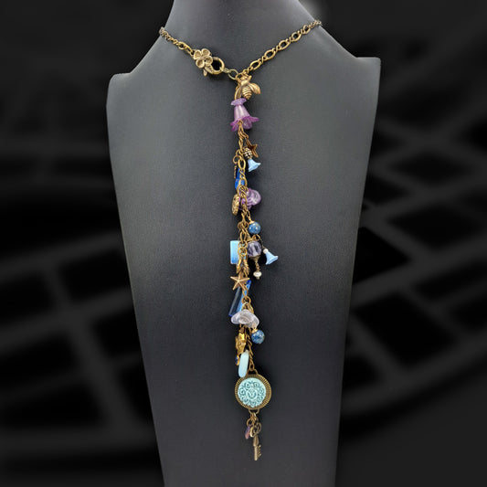 Charm necklace. Choker with  vertical charms, stone Lucite, Lapis, & Crystal