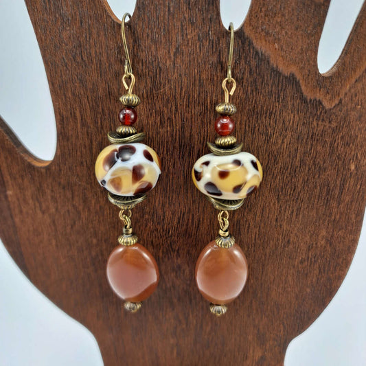 Carnelian & leopard print ceramic beads with antiqued brass earrings