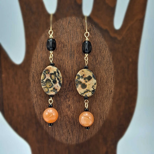 Gold filled earrings with Leopard skin jasper, carnelian & glass beads